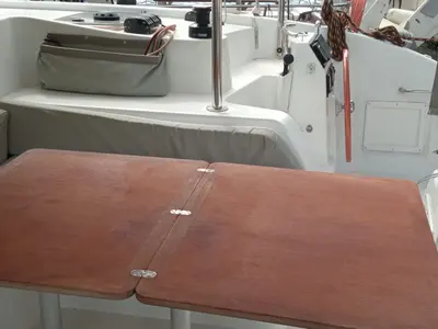 Deck of MALAOLAUR, a Excess 11 catamaran at Kontokali, Greece