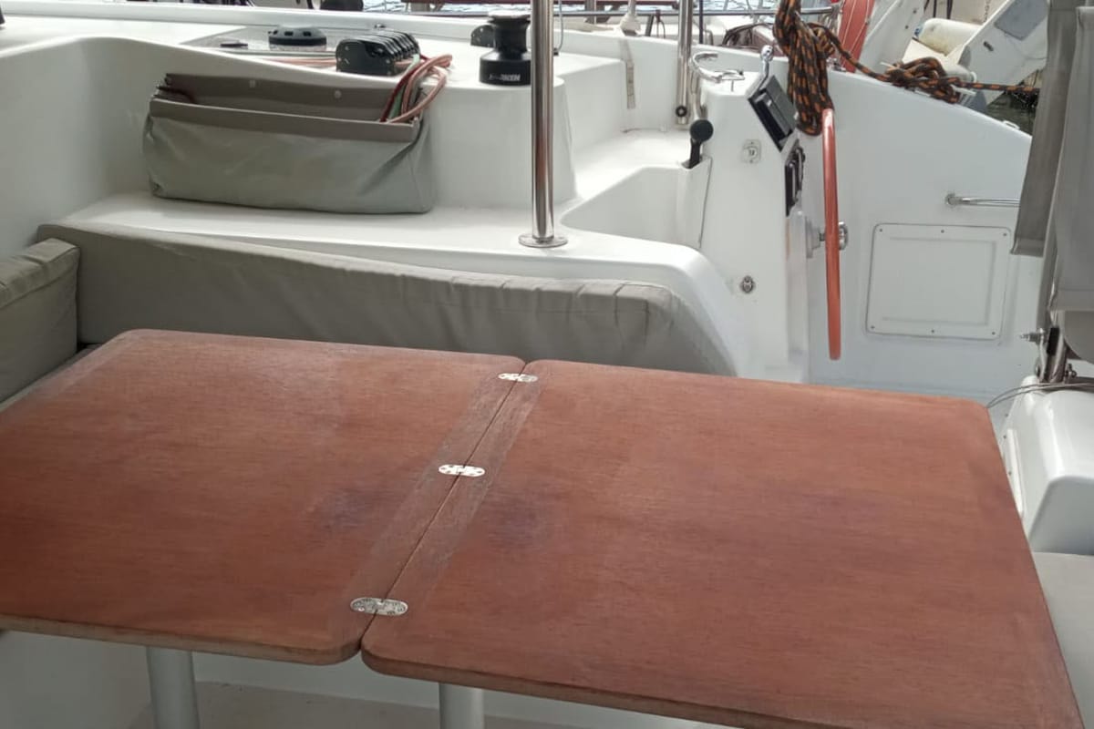 Deck of MALAOLAUR, a Excess 11 catamaran at Kontokali, Greece