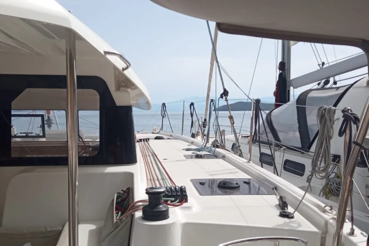 Deck of MALAOLAUR, a Excess 11 catamaran at Kontokali, Greece