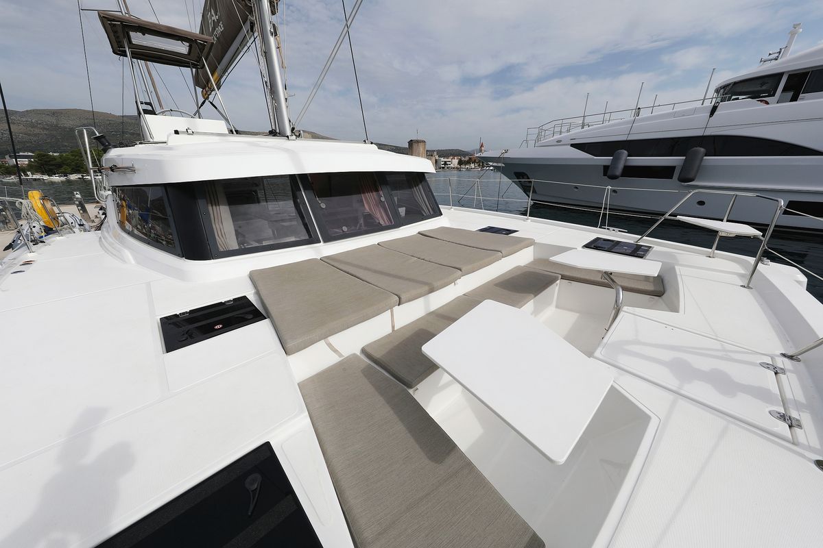 Deck of Hi Friends, a Bali Catspace catamaran at Grad Trogir, Croatia