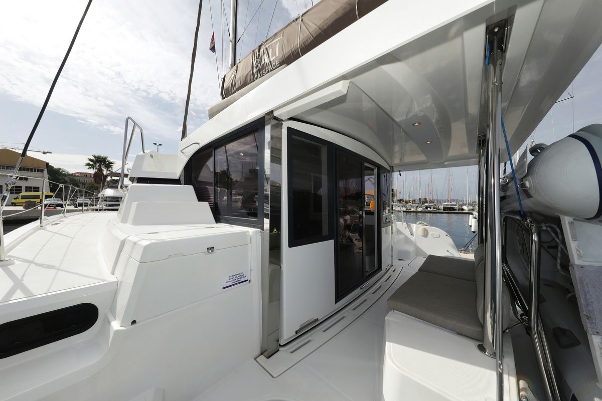 Deck of Hi Friends, a Bali Catspace catamaran at Grad Trogir, Croatia