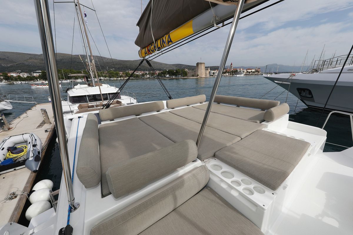 Deck of Hi Friends, a Bali Catspace catamaran at Grad Trogir, Croatia