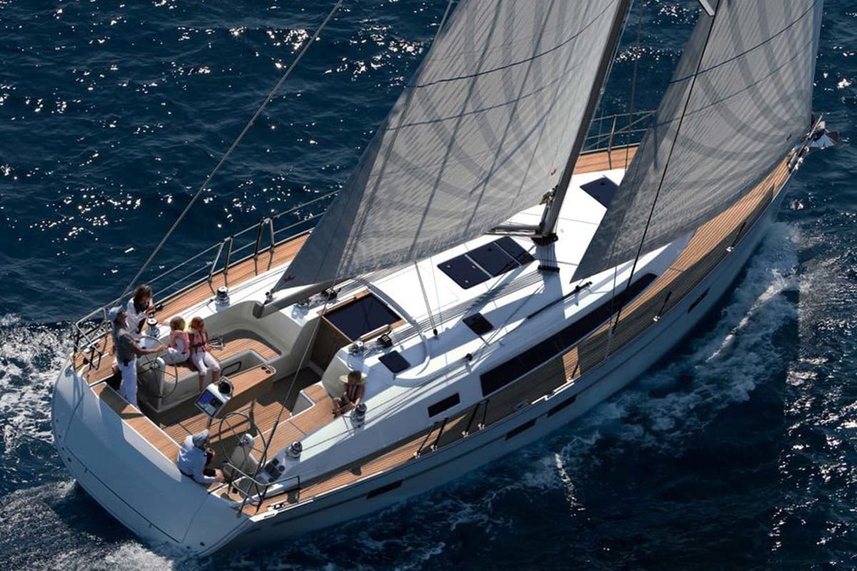 Exterior view of Miber Mars, a Bavaria Cruiser 46 sailboat at Fethiye, Turkey