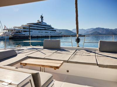 Deck of Ediba Taurus, a Bali 4.8 catamaran at Marmaris, Turkey