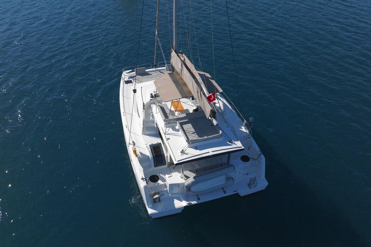 Exterior view of Ediba Taurus, a Bali 4.8 catamaran at Marmaris, Turkey