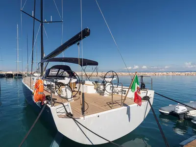 Exterior view of Avalon, a Solaris Yachts Solaris 55 sailboat at Olbia, Italy
