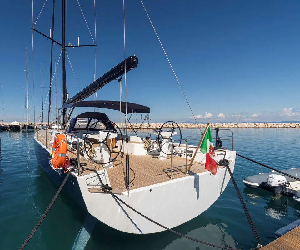 Exterior view of Avalon, a Solaris Yachts Solaris 55 sailboat at Olbia, Italy