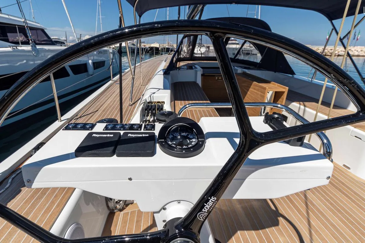 Cockpit of Avalon, a Solaris Yachts Solaris 55 sailboat at Olbia, Italy