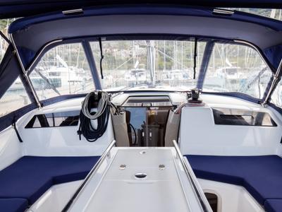 Cockpit of Cupido - Comfort line, a Beneteau Oceanis 40.1 sailboat at Tonnarella, Italy