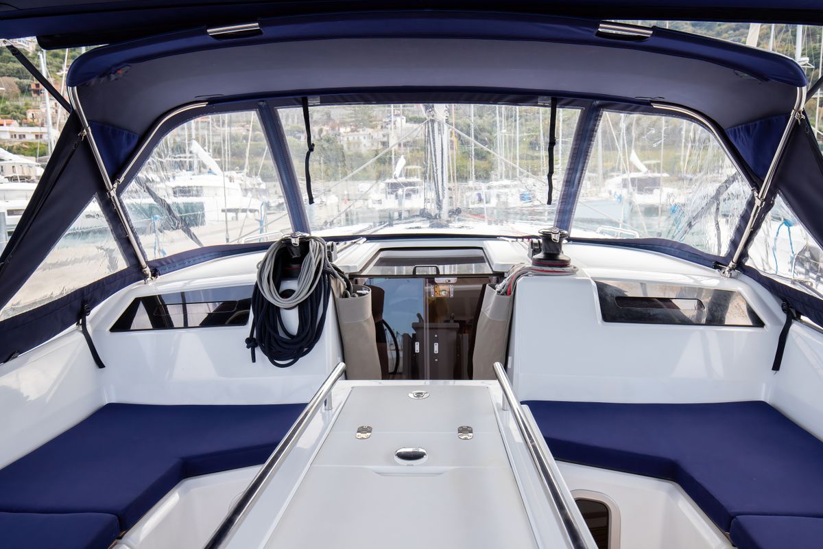 Cockpit of Cupido - Comfort line, a Beneteau Oceanis 40.1 sailboat at Tonnarella, Italy
