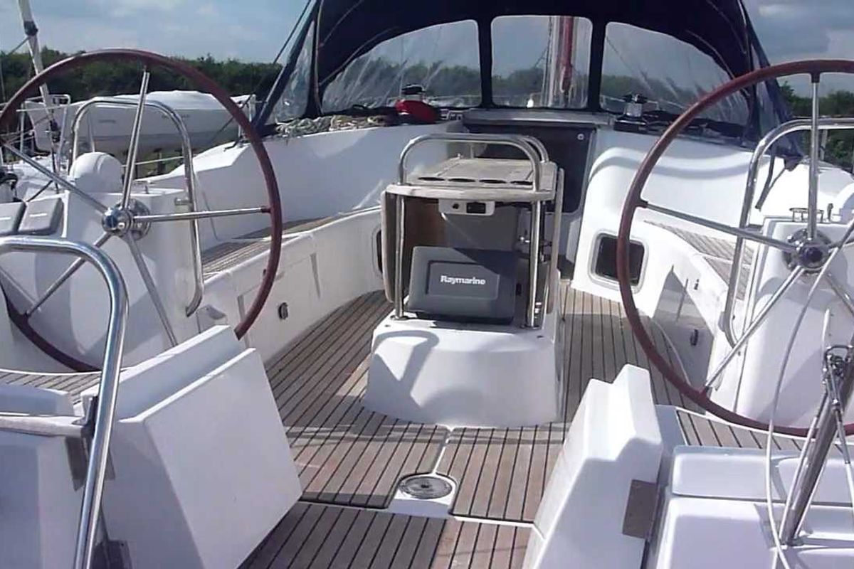 Cockpit of Colibrì, a Jeanneau Sun Odyssey 44 i sailboat at Municipal Unit of Lefkada, Greece