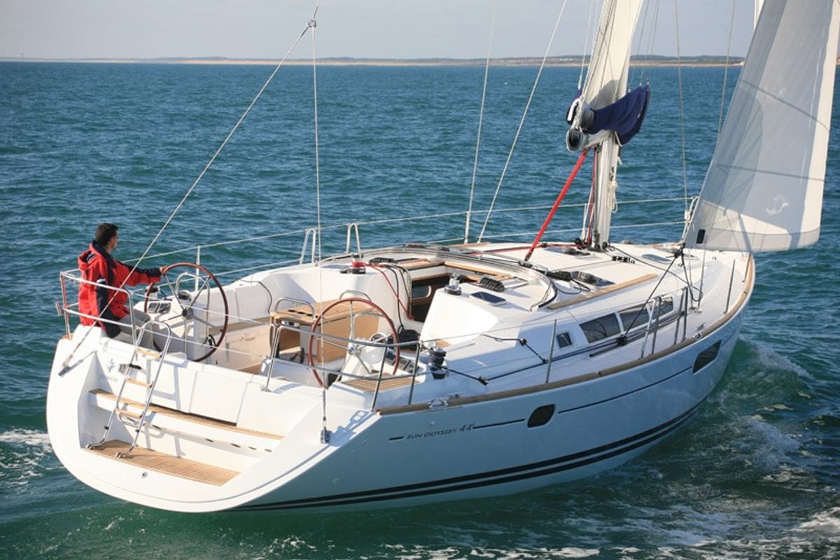 Exterior view of Colibrì, a Jeanneau Sun Odyssey 44 i sailboat at Municipal Unit of Lefkada, Greece