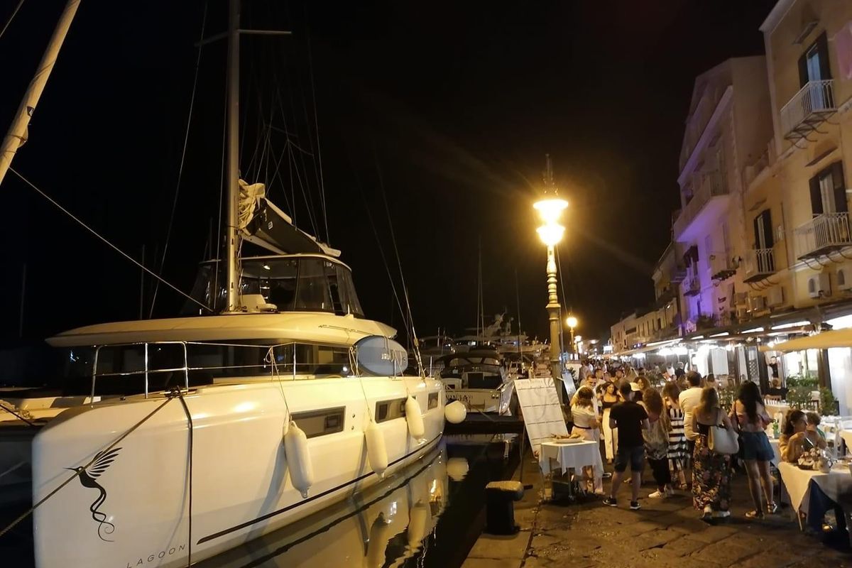 Exterior view of Colibrì Platinum Service, a Lagoon 50 catamaran at Castellammare di Stabia, Italy