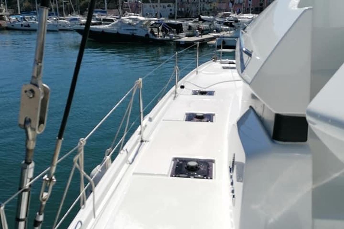 Deck of Colibrì Platinum Service, a Lagoon 50 catamaran at Castellammare di Stabia, Italy