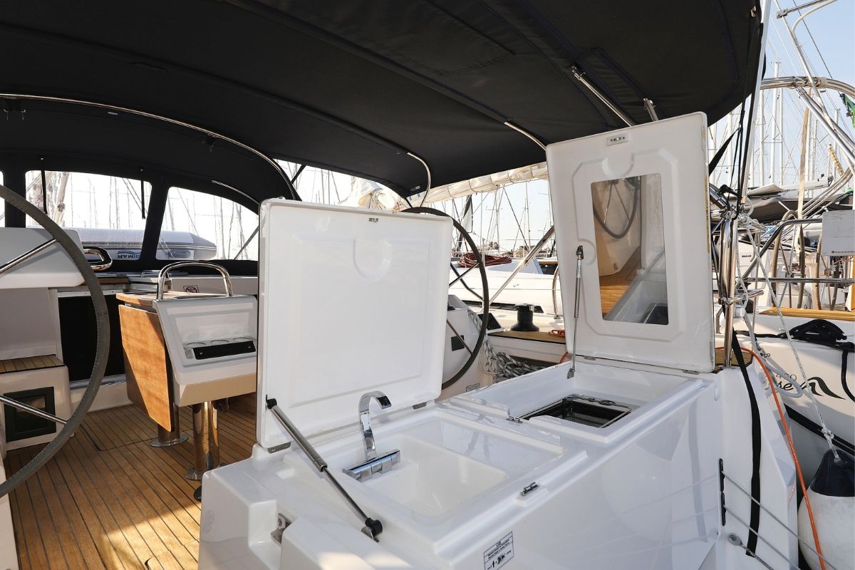Deck of Bella, a Bavaria C45 Holiday sailboat at Grad Biograd na Moru, Croatia