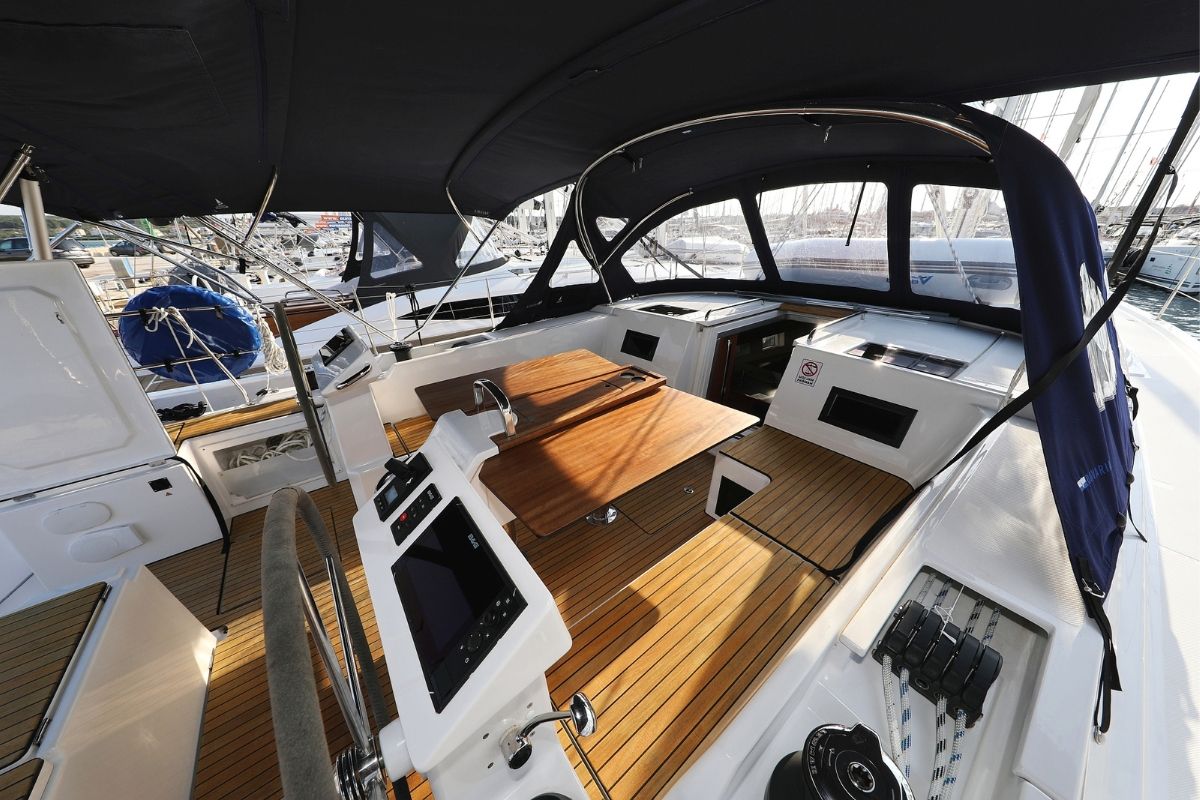Cockpit of Bella, a Bavaria C45 Holiday sailboat at Grad Biograd na Moru, Croatia