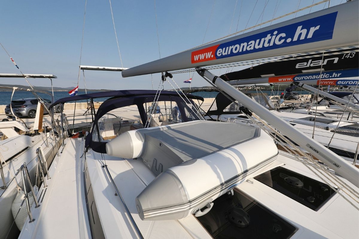 Deck of Bella, a Bavaria C45 Holiday sailboat at Grad Biograd na Moru, Croatia