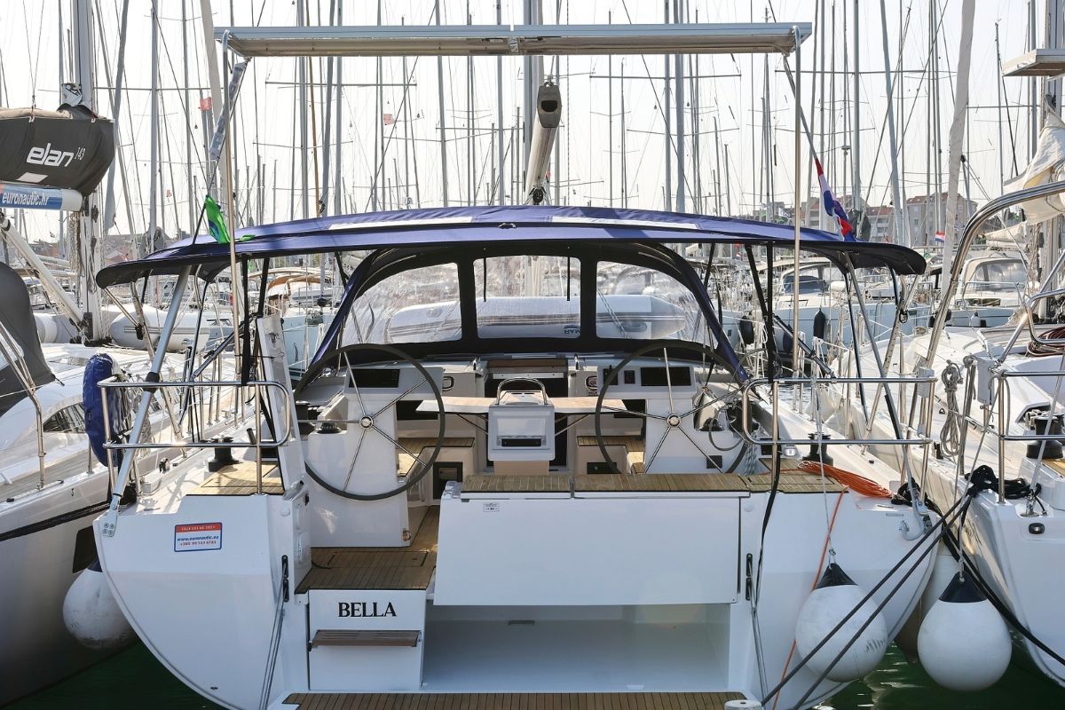 Cockpit of Bella, a Bavaria C45 Holiday sailboat at Grad Biograd na Moru, Croatia