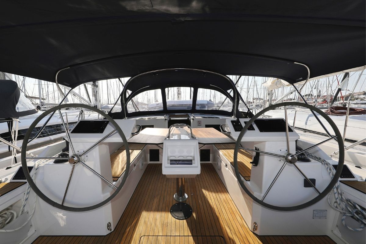 Cockpit of Bella, a Bavaria C45 Holiday sailboat at Grad Biograd na Moru, Croatia