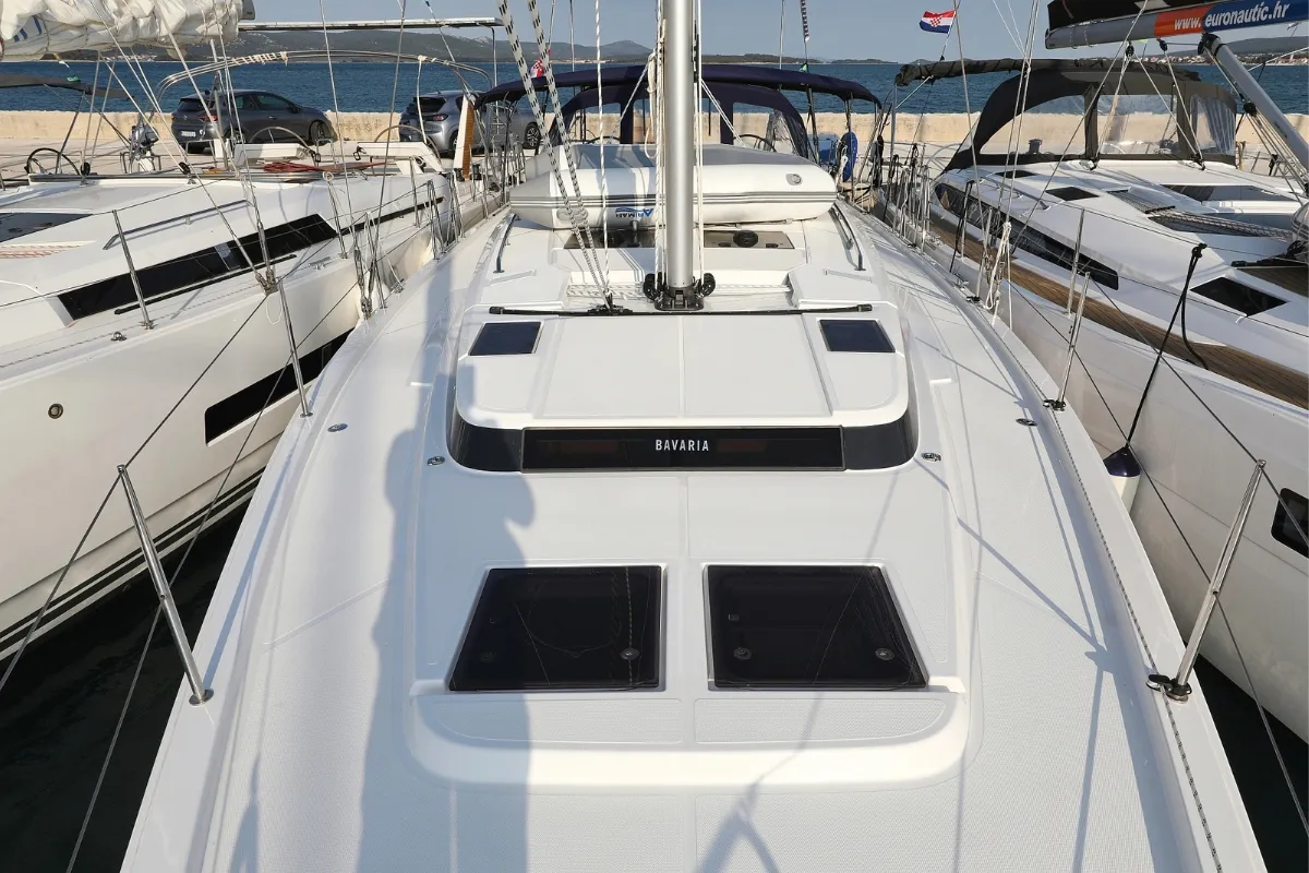 Deck of Bella, a Bavaria C45 Holiday sailboat at Grad Biograd na Moru, Croatia