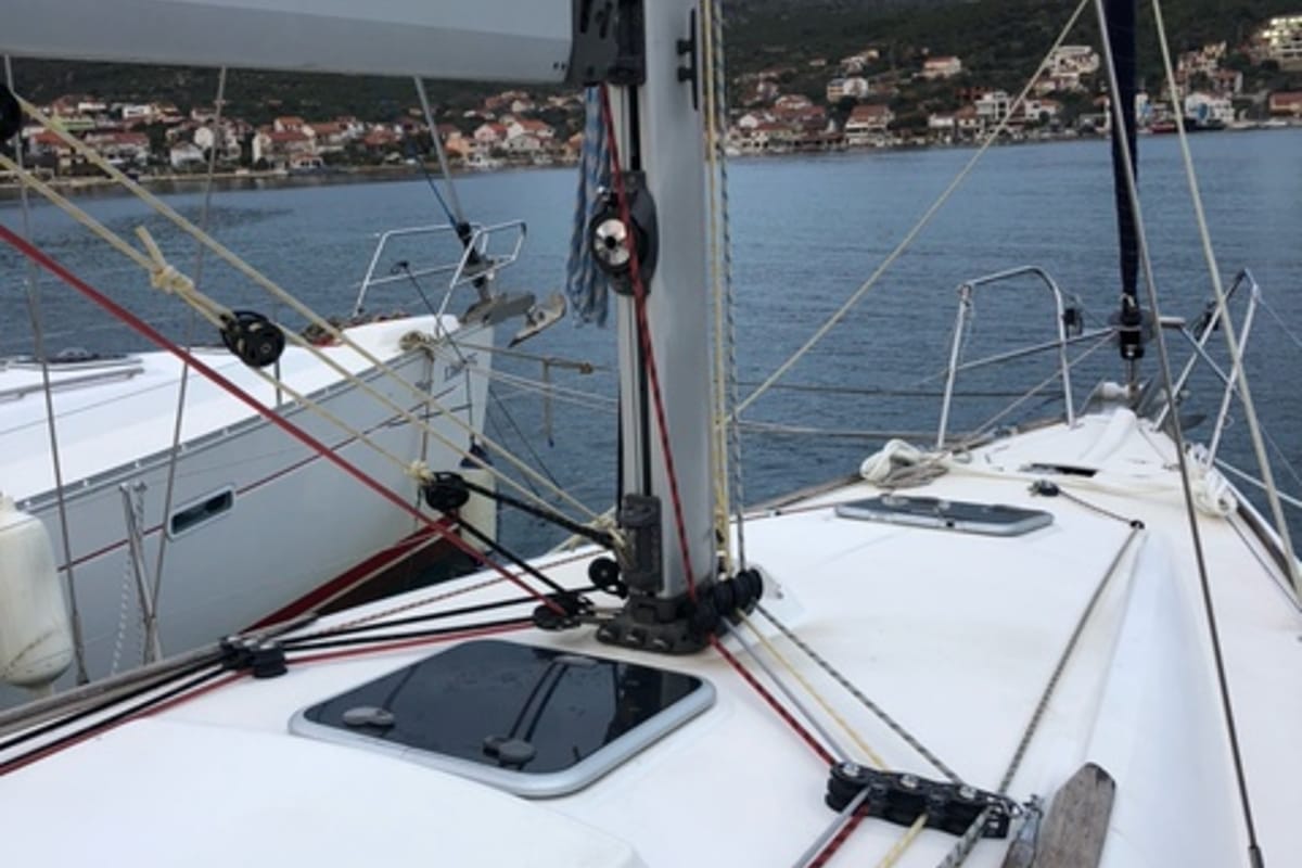 Deck of Mala, a Jeanneau Sun Odyssey 36i sailboat at Općina Marina, Croatia