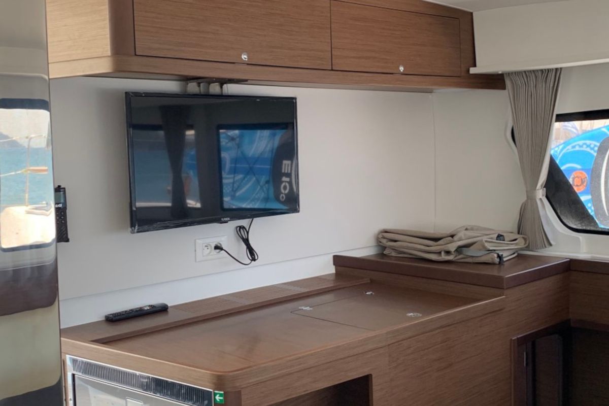 Salon of Ria III, a Lagoon 42 catamaran at Municipal Unit of Lefkada, Greece