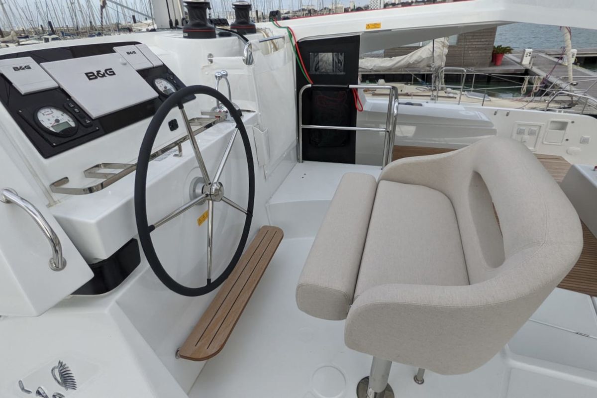 Cockpit of Ria III, a Lagoon 42 catamaran at Municipal Unit of Lefkada, Greece