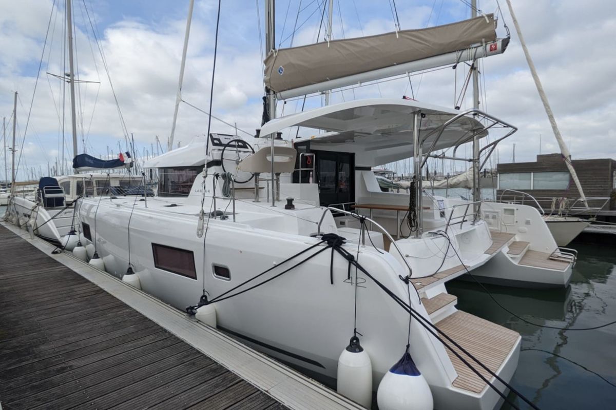 Exterior view of Ria III, a Lagoon 42 catamaran at Municipal Unit of Lefkada, Greece