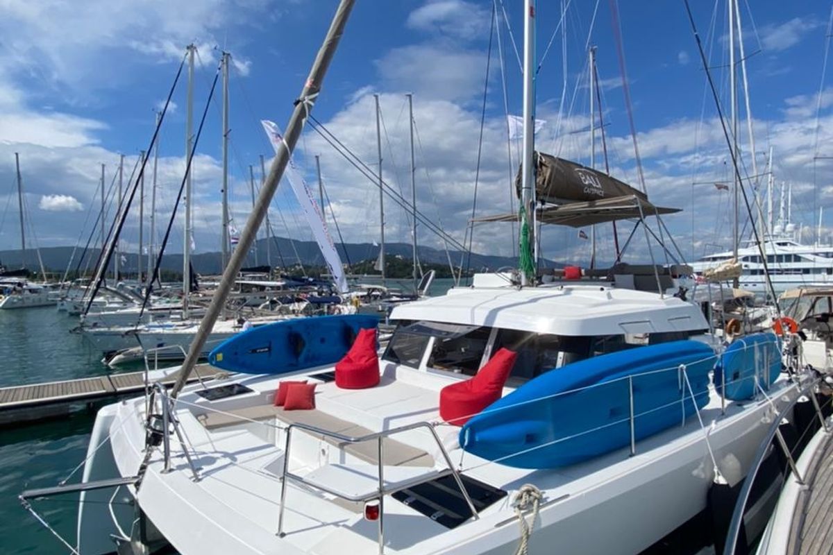 Deck of Helona, a Bali Catspace catamaran at Volos Municipality, Greece