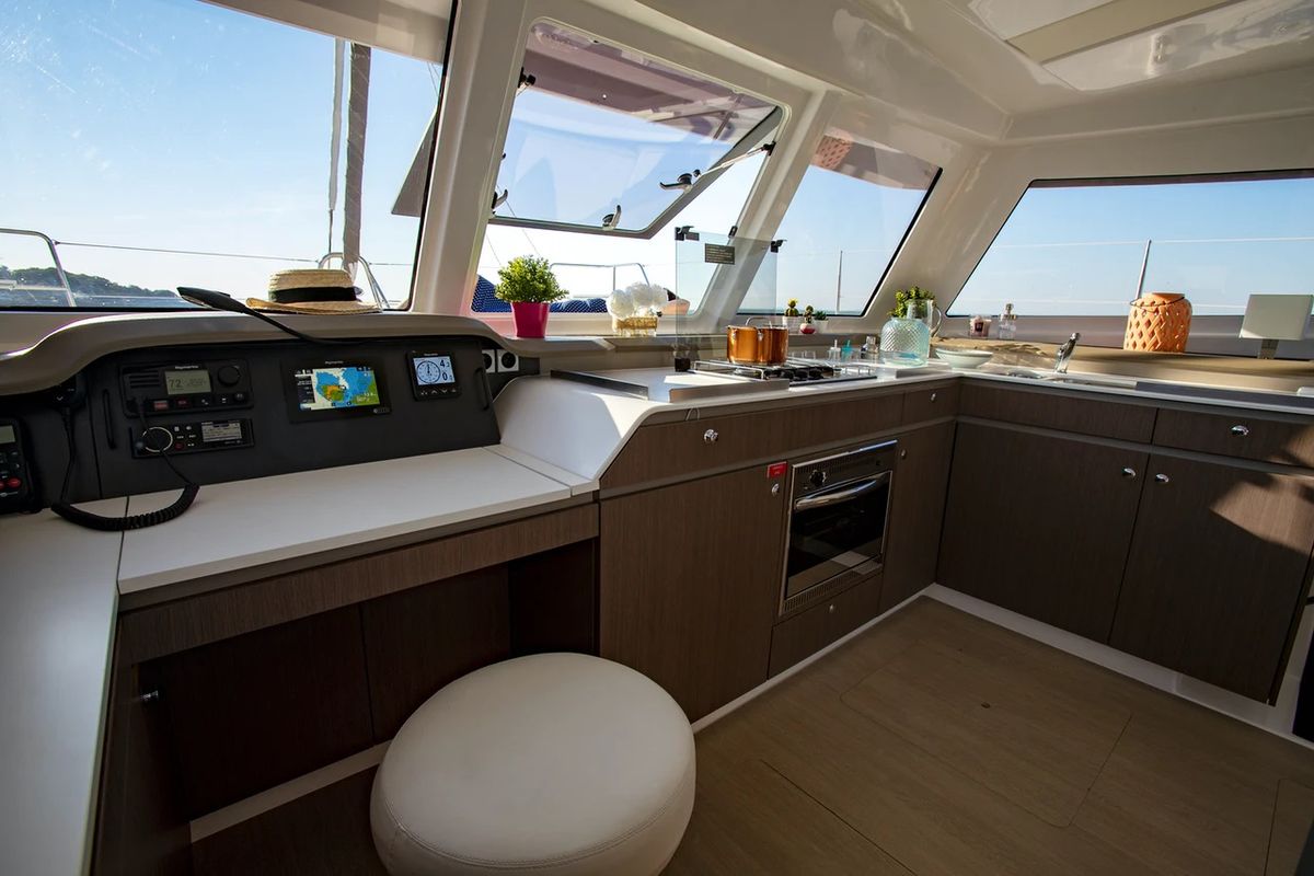 Cockpit of Helona, a Bali Catspace catamaran at Volos Municipality, Greece
