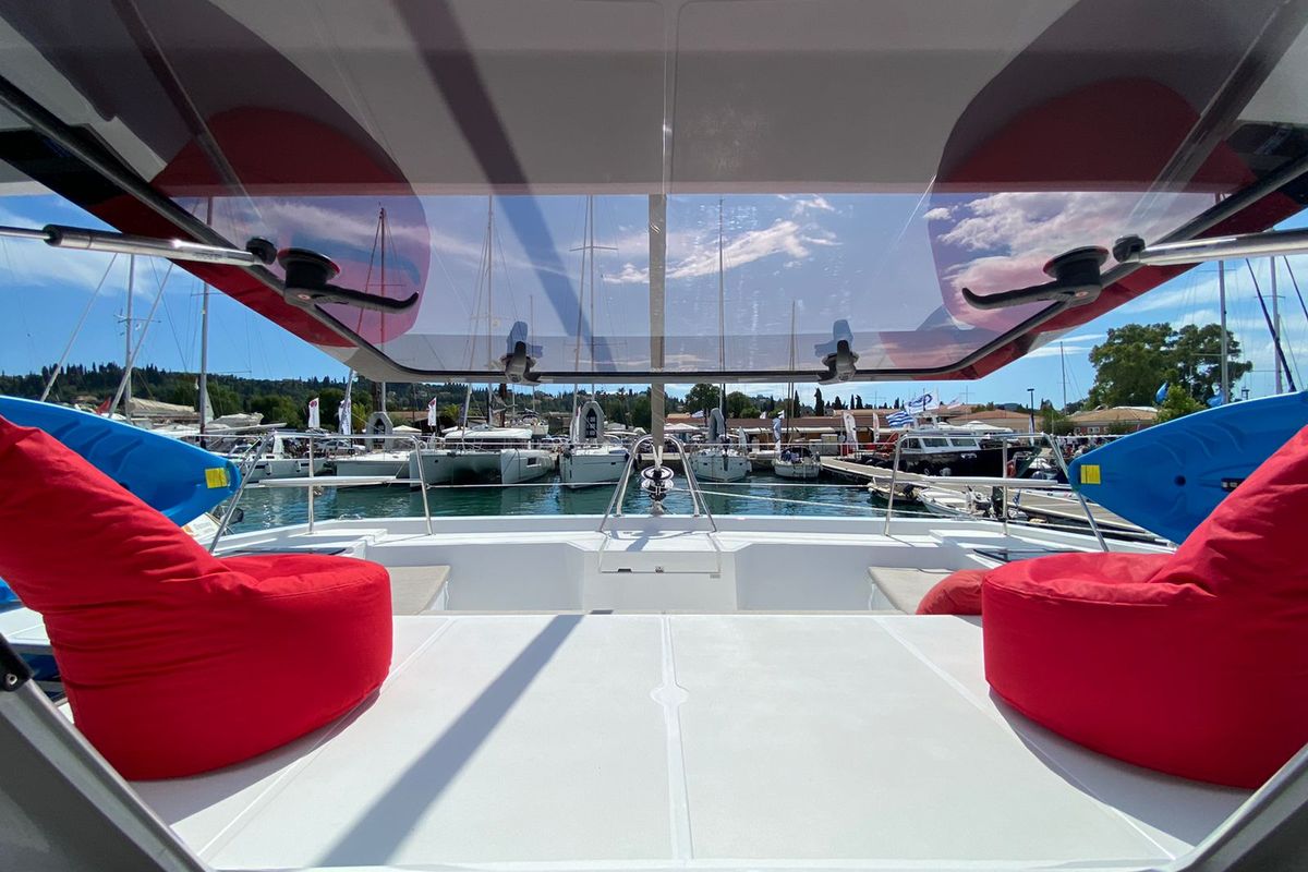 Deck of Helona, a Bali Catspace catamaran at Volos Municipality, Greece