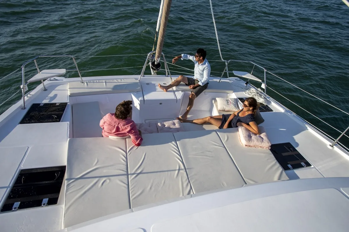 Deck of Helona, a Bali Catspace catamaran at Volos Municipality, Greece