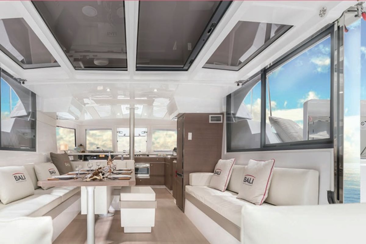 Salon of Helona, a Bali Catspace catamaran at Volos Municipality, Greece