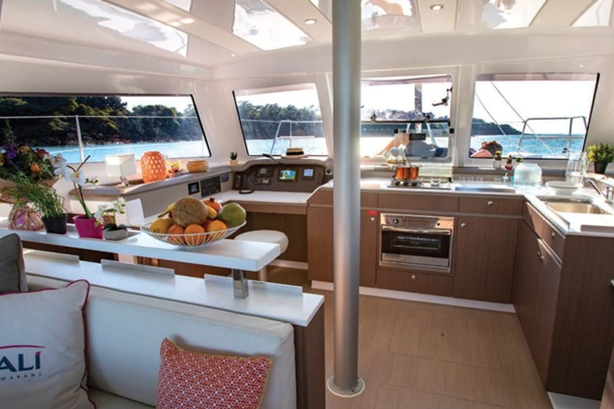Salon of Helona, a Bali Catspace catamaran at Volos Municipality, Greece