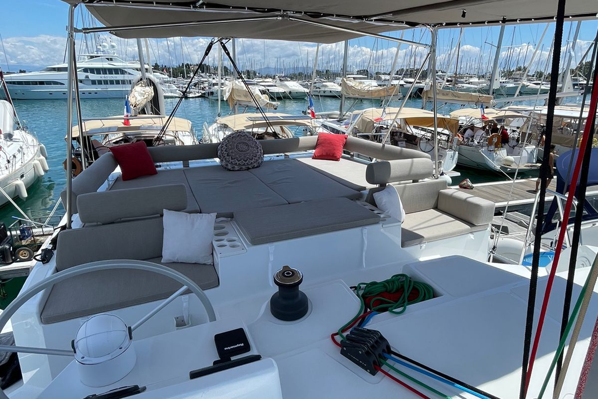 Cockpit of Helona, a Bali Catspace catamaran at Volos Municipality, Greece