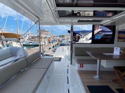 Deck of Helona, a Bali Catspace catamaran at Volos Municipality, Greece