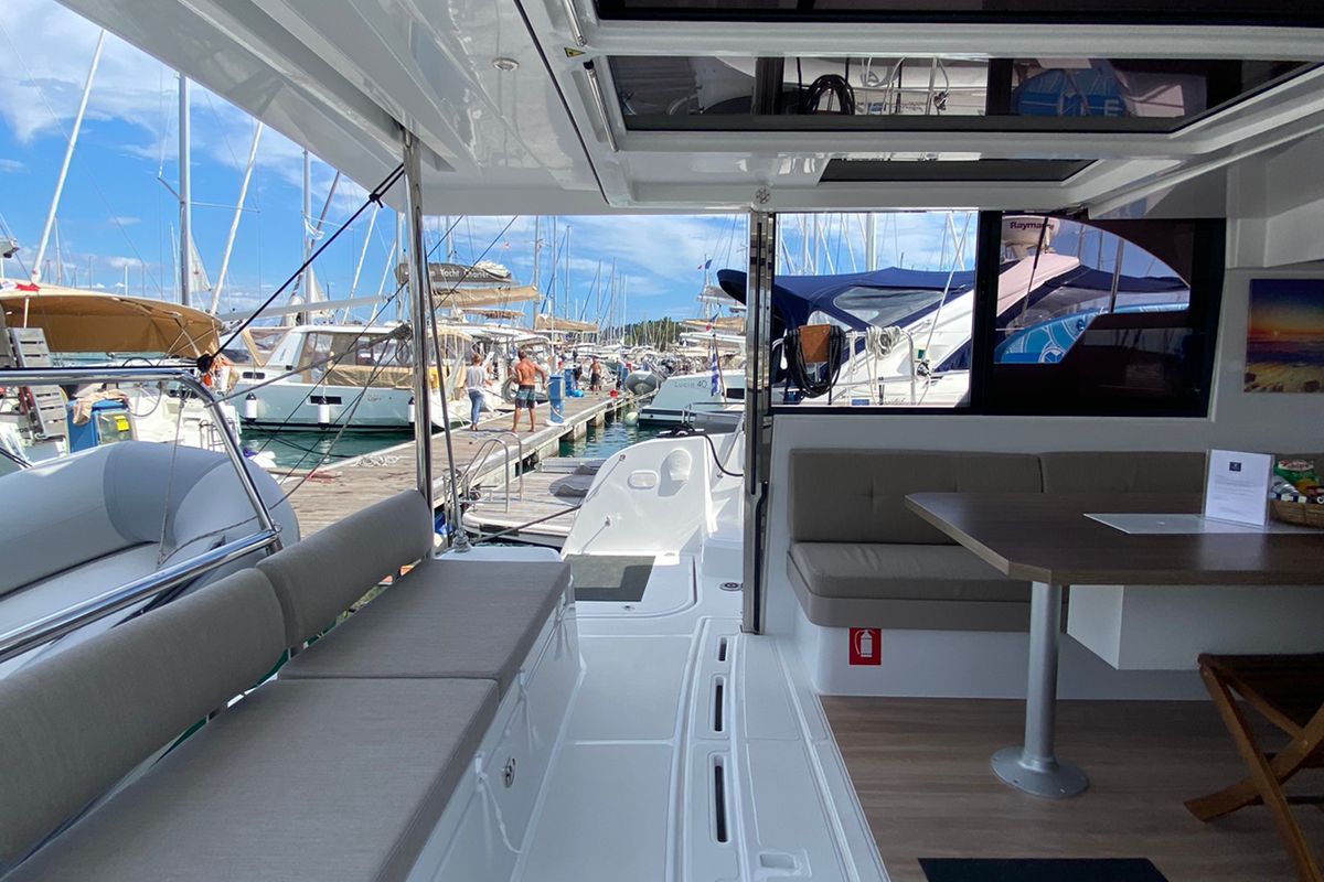 Deck of Helona, a Bali Catspace catamaran at Volos Municipality, Greece