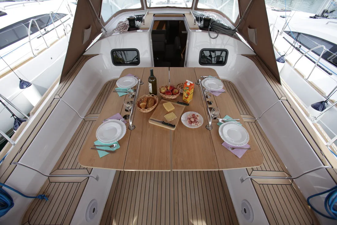 Deck of Tatiana, a Elan Impression 45.1 sailboat at Pirovac, Croatia