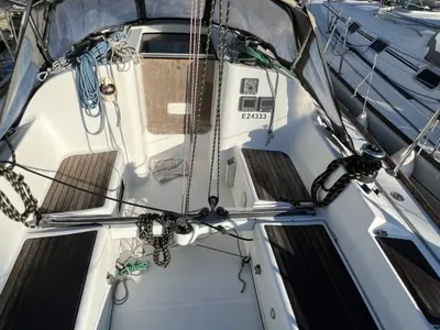 Deck of Ker Jonathan , a Beneteau First 31.7 sailboat at Port Navalo, France