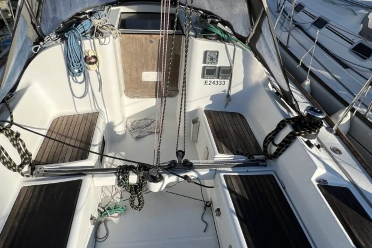 Deck of Ker Jonathan , a Beneteau First 31.7 sailboat at Port Navalo, France