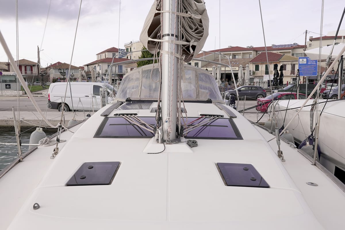 Deck of Argo, a Dufour 412 Grand large sailboat at Municipal Unit of Lefkada, Greece