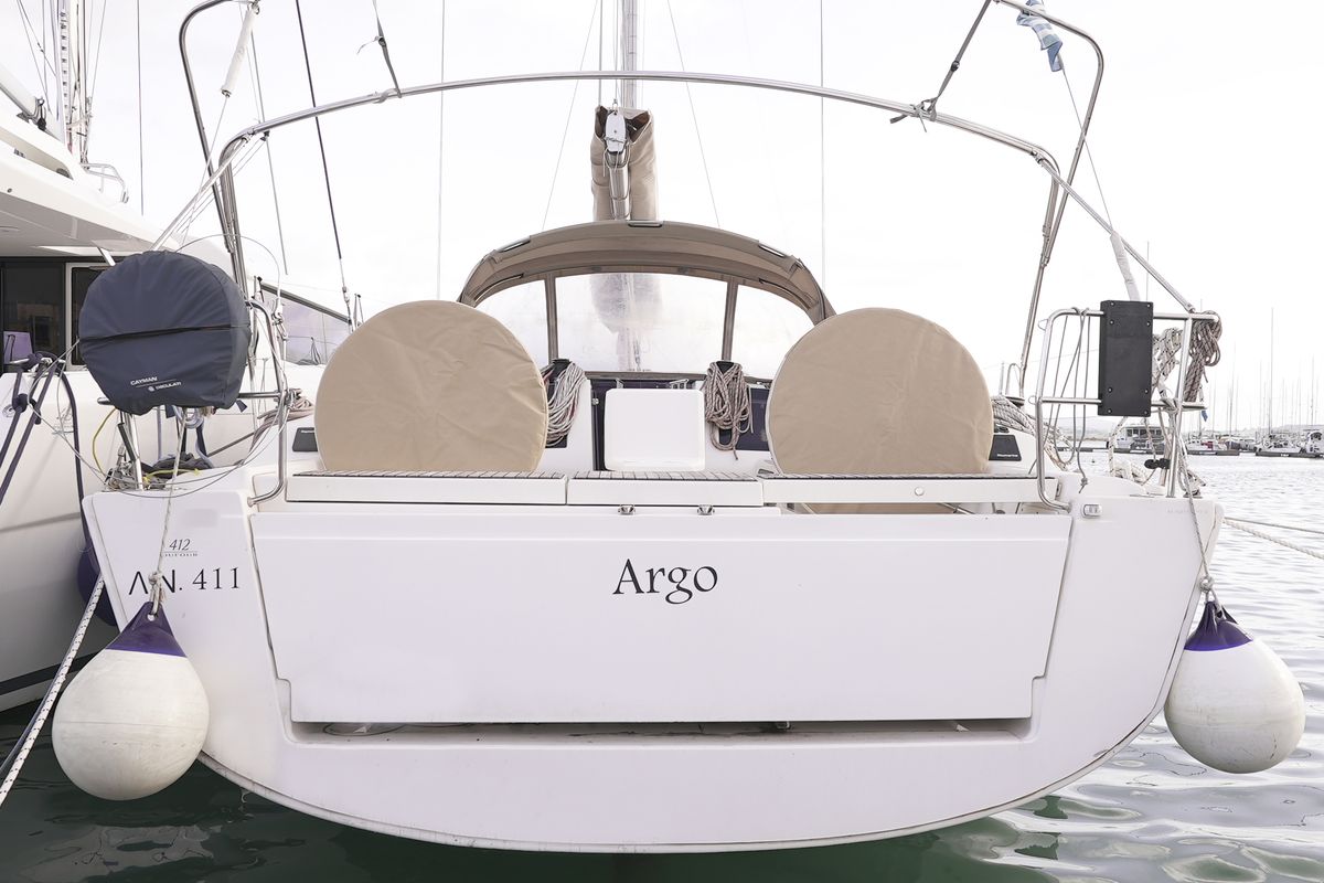 Exterior view of Argo, a Dufour 412 Grand large sailboat at Municipal Unit of Lefkada, Greece