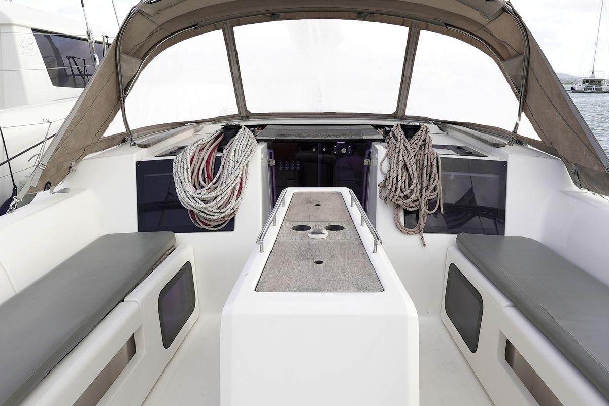Cockpit of Argo, a Dufour 412 Grand large sailboat at Municipal Unit of Lefkada, Greece