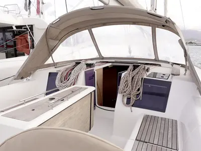 Cockpit of Argo, a Dufour 412 Grand large sailboat at Municipal Unit of Lefkada, Greece
