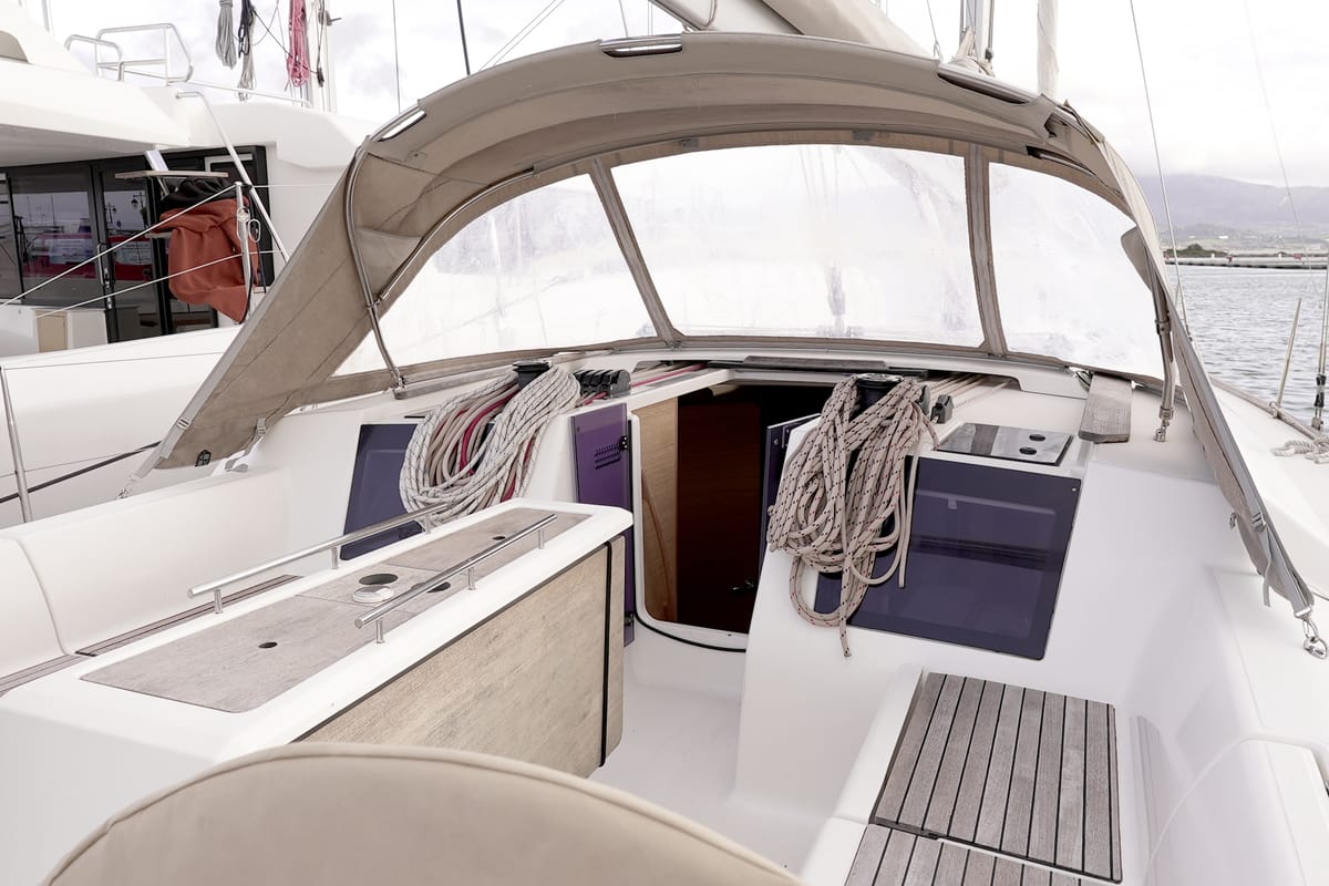 Cockpit of Argo, a Dufour 412 Grand large sailboat at Municipal Unit of Lefkada, Greece