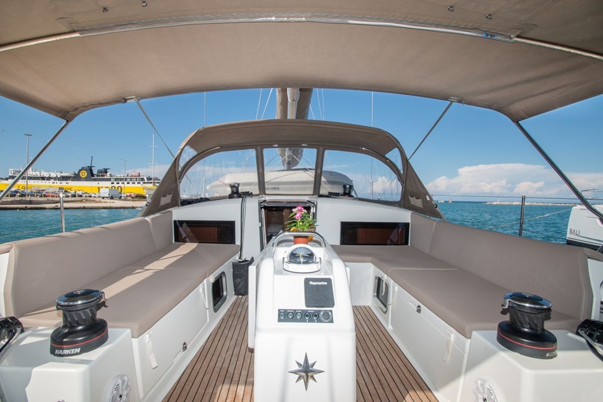 Cockpit of Knot, a Jeanneau Sun Odyssey 490 sailboat at Zakynthos Municipal Unit, Greece