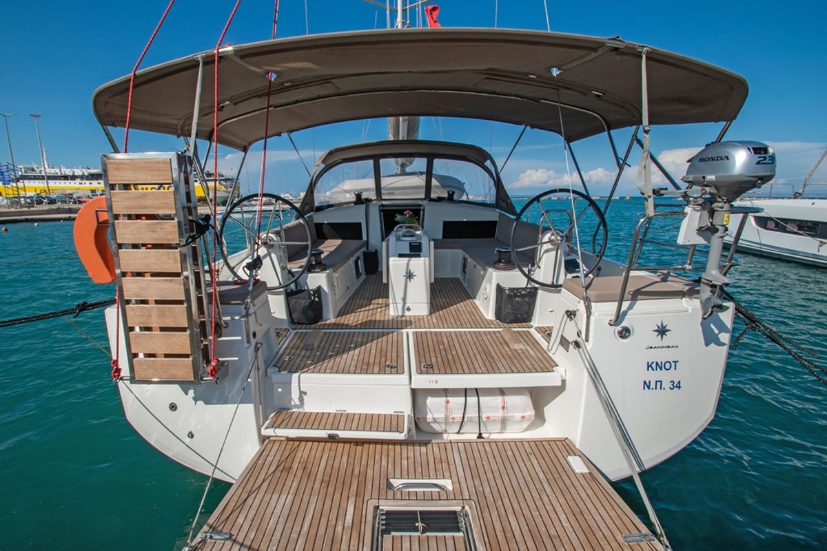 Deck of Knot, a Jeanneau Sun Odyssey 490 sailboat at Zakynthos Municipal Unit, Greece