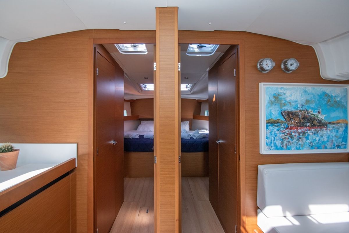 Salon of Knot, a Jeanneau Sun Odyssey 490 sailboat at Zakynthos Municipal Unit, Greece