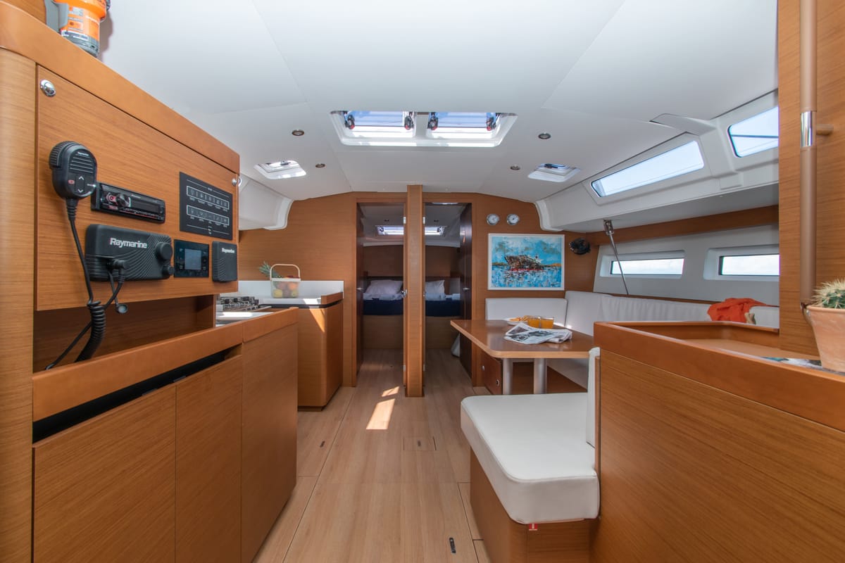 Salon of Knot, a Jeanneau Sun Odyssey 490 sailboat at Zakynthos Municipal Unit, Greece