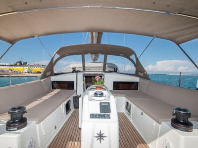 Cockpit of Knot, a Jeanneau Sun Odyssey 490 sailboat at Zakynthos Municipal Unit, Greece